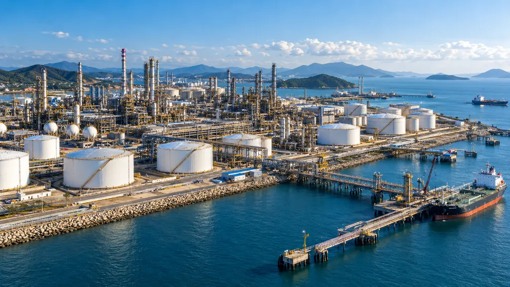 Aerial view of a coastal refinery and tank terminal with a tanker at the jetty