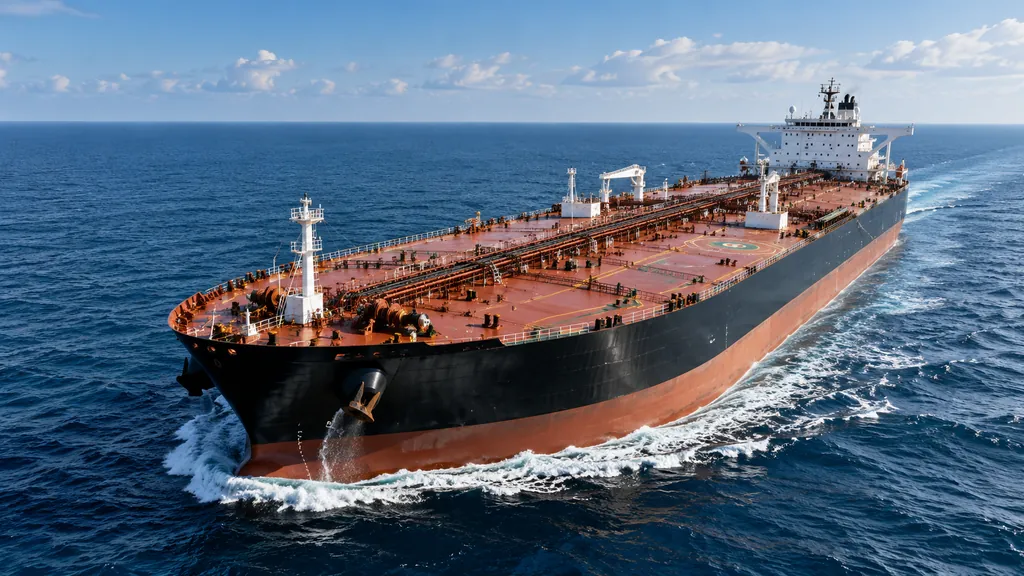 A laden oil tanker under way on open sea, seen from above the bow