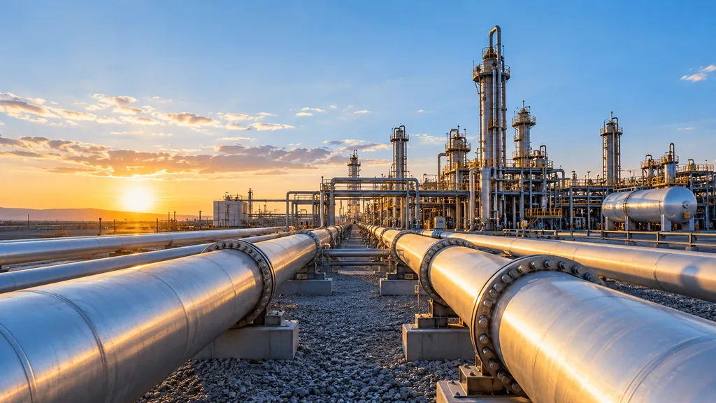 Large-diameter steel pipelines on supports running toward a processing plant at sunset