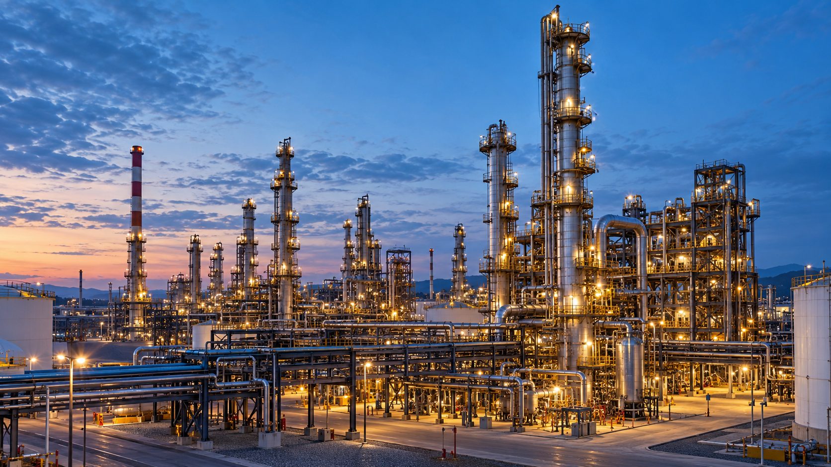 A refinery at dusk with distillation towers and pipe racks lit by work lights