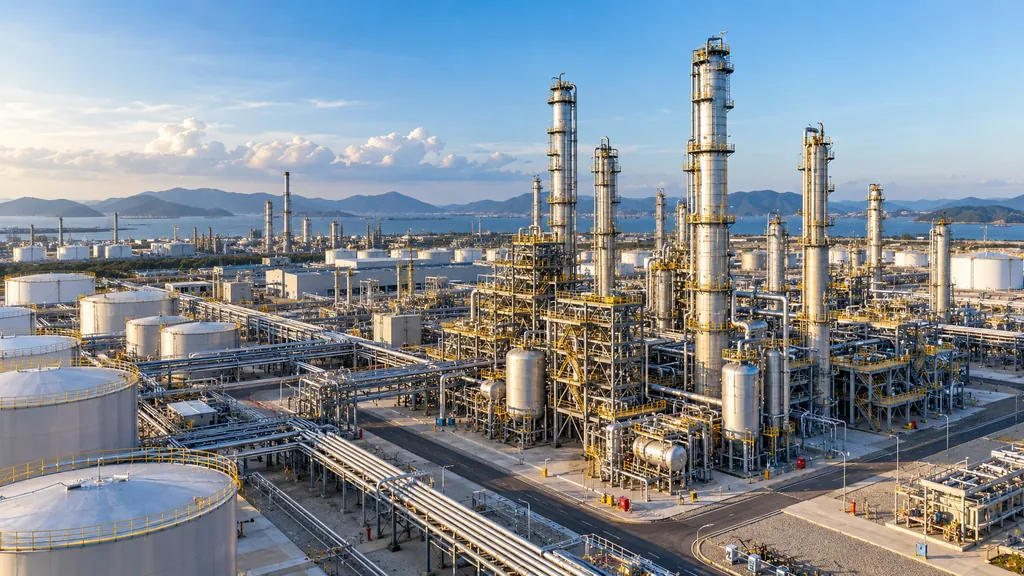 Aerial view of a refinery in daylight with distillation columns, pipe racks and storage tanks