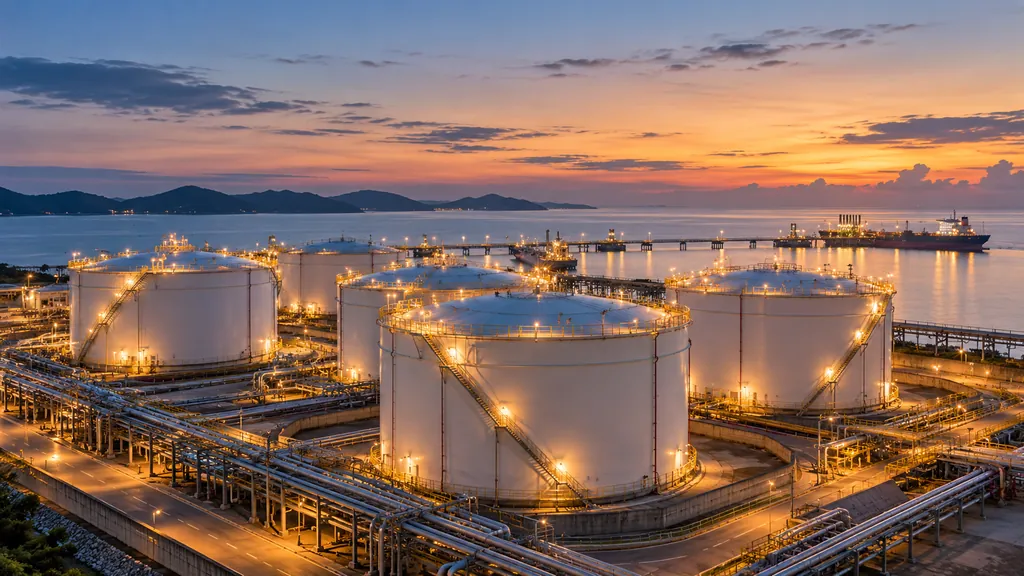 A tank storage terminal lit at dusk beside calm coastal water